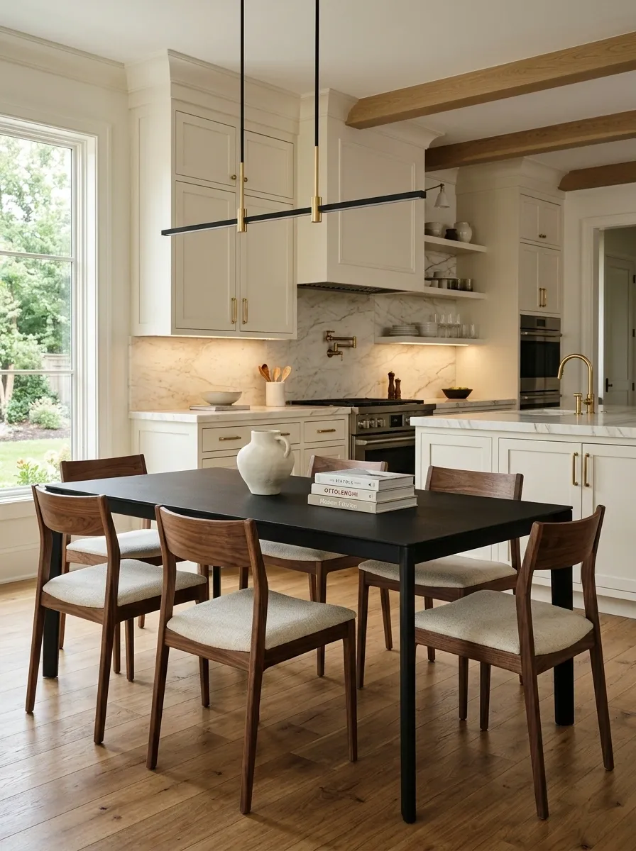 Black Table, Walnut Chairs, and Cream Stone