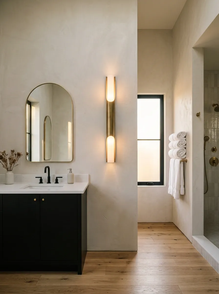 Black Vanity With a Dramatic Vertical Sconce