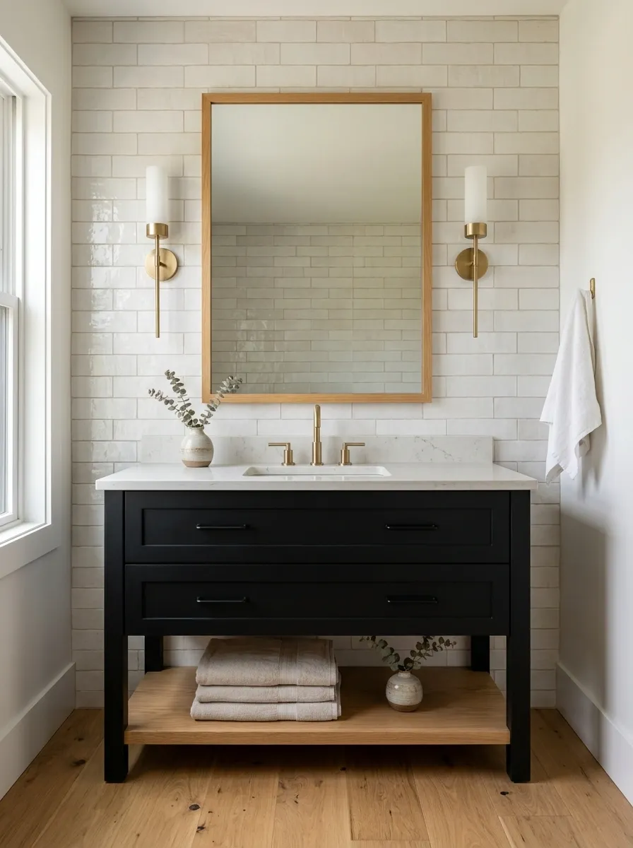 Black Vanity With Warm White Tile and Oak Accents