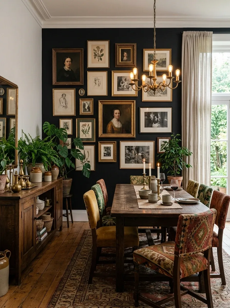 Black Wall With Gallery Frames in a Maximalist Dining Room