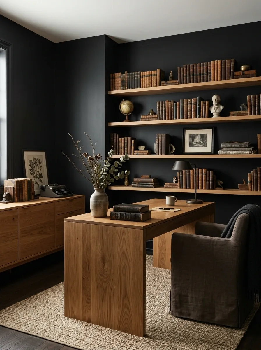 Black-Walled Office With Warm Oak Furniture
