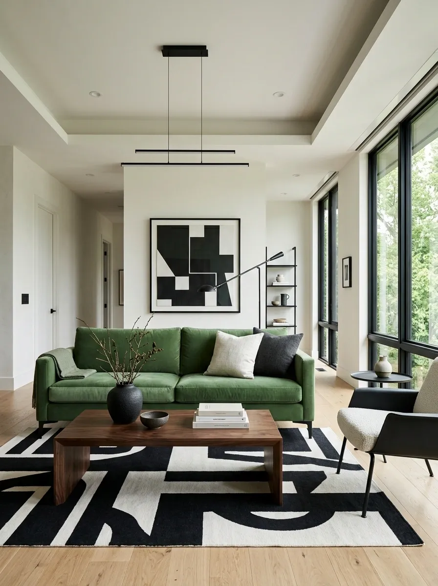Black, White, and Green Contemporary Living Room