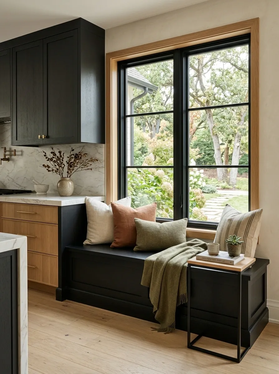 Black Window Seat Corner With Textured Cushions