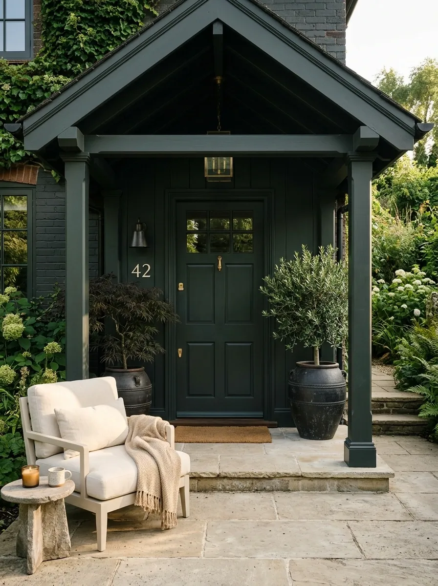 Blackened Green Porch With Cream Furniture and Stone