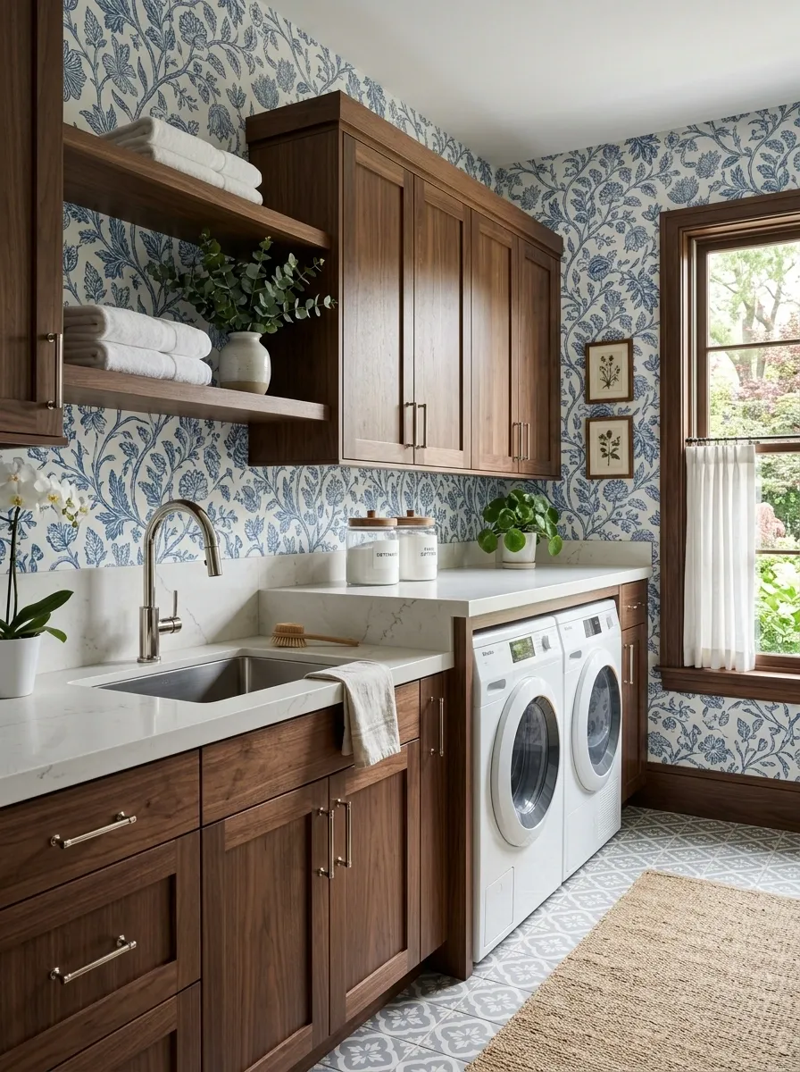 Blue and White Botanical Wallpaper With Dark Walnut