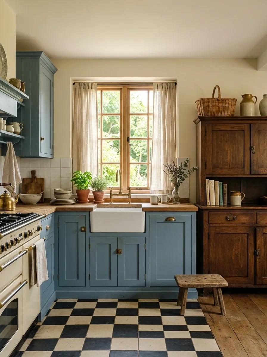 Blue and White Cottage Kitchen With Checkerboard Flooring