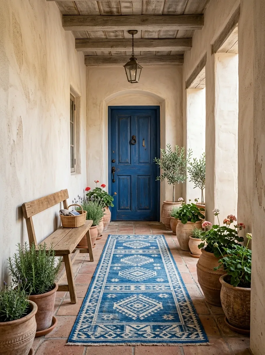 Blue-and-White Mediterranean Rug On a Narrow Porch
