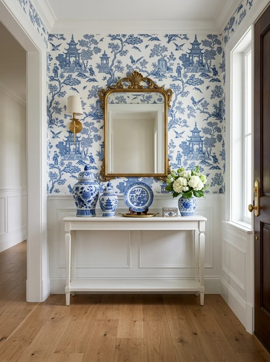 Blue Chinoiserie Wallpaper With Classic White Trim