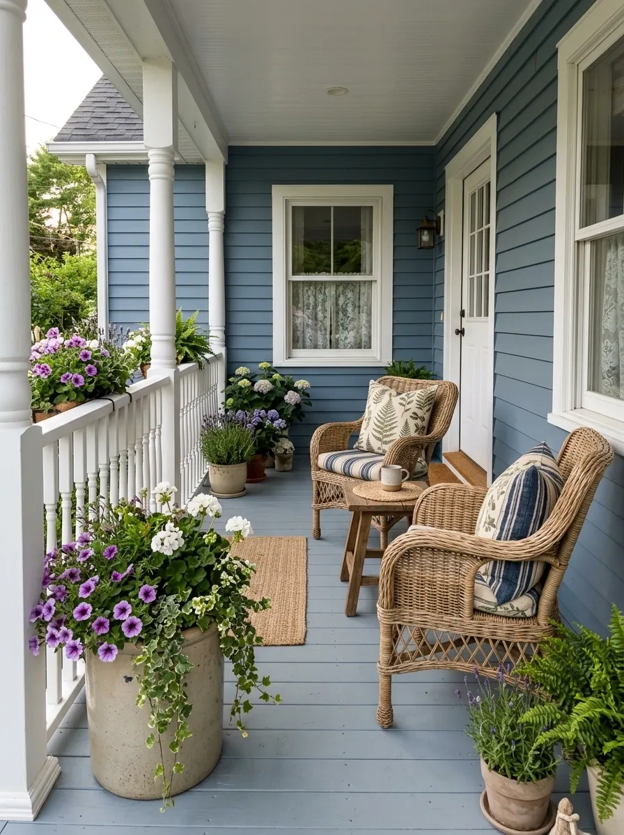 Blue Cottage Porch With White Railings and Patterned Cushions