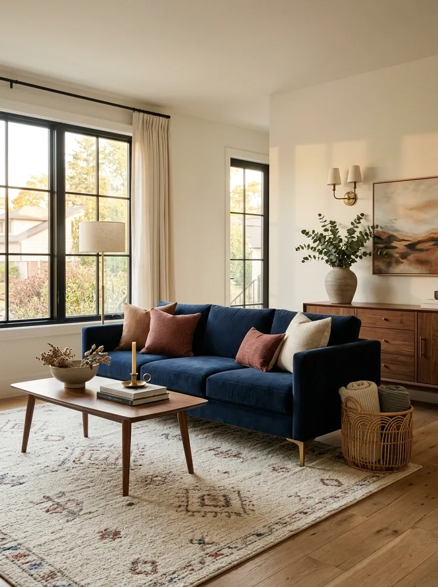 Blue Couch With Rust, Brick Red, and Warm Wood