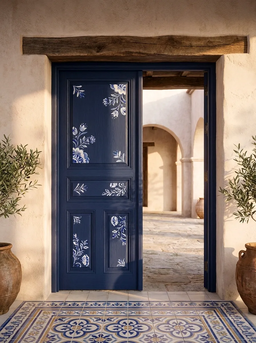 Blue Delft-Inspired Door With Traditional Tile Architecture