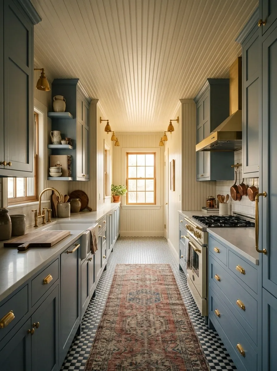 Blue-Gray Galley Kitchen With Beadboard and Brass