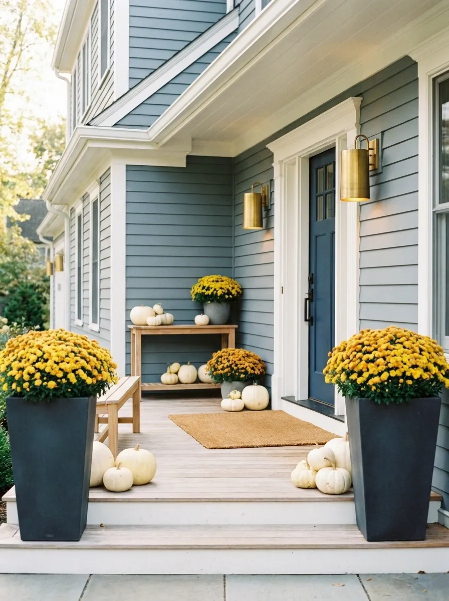 Blue-Gray House With Mustard Mums