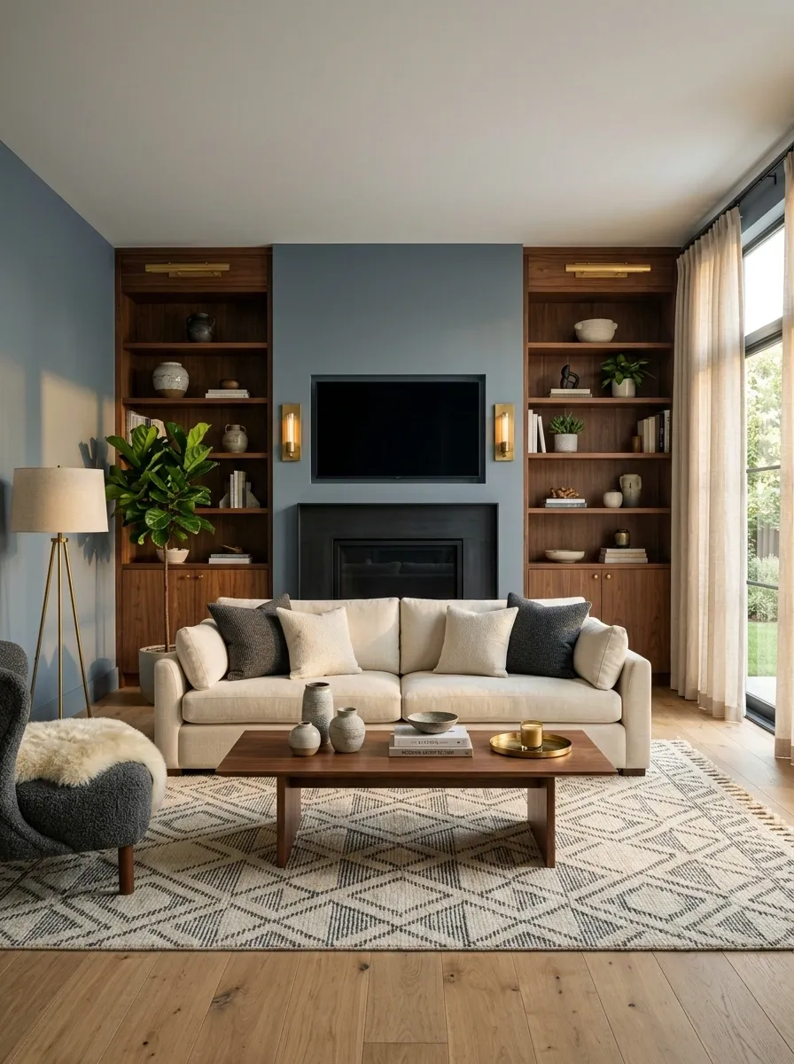 Blue-Gray Living Room With Walnut and Aged Brass