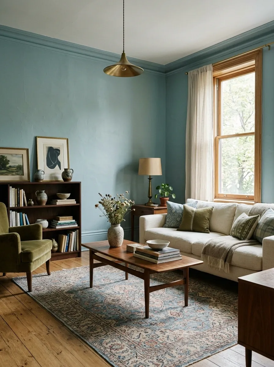 Blue-Green Vintage Apartment With Brass Lighting