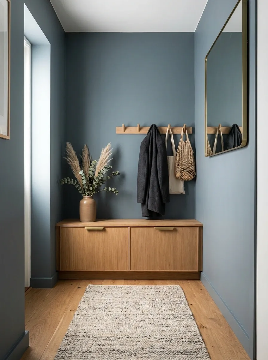 Blue-Grey Entryway With Closed Shoe Storage and Open Wall Hooks