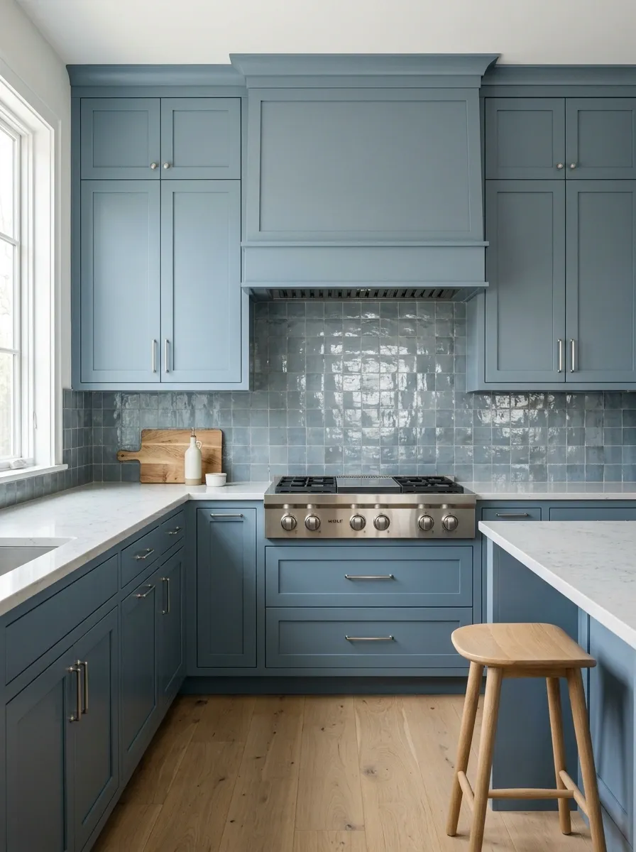 Blue-Grey Kitchen With Full-Height Zellige Stove Backsplash