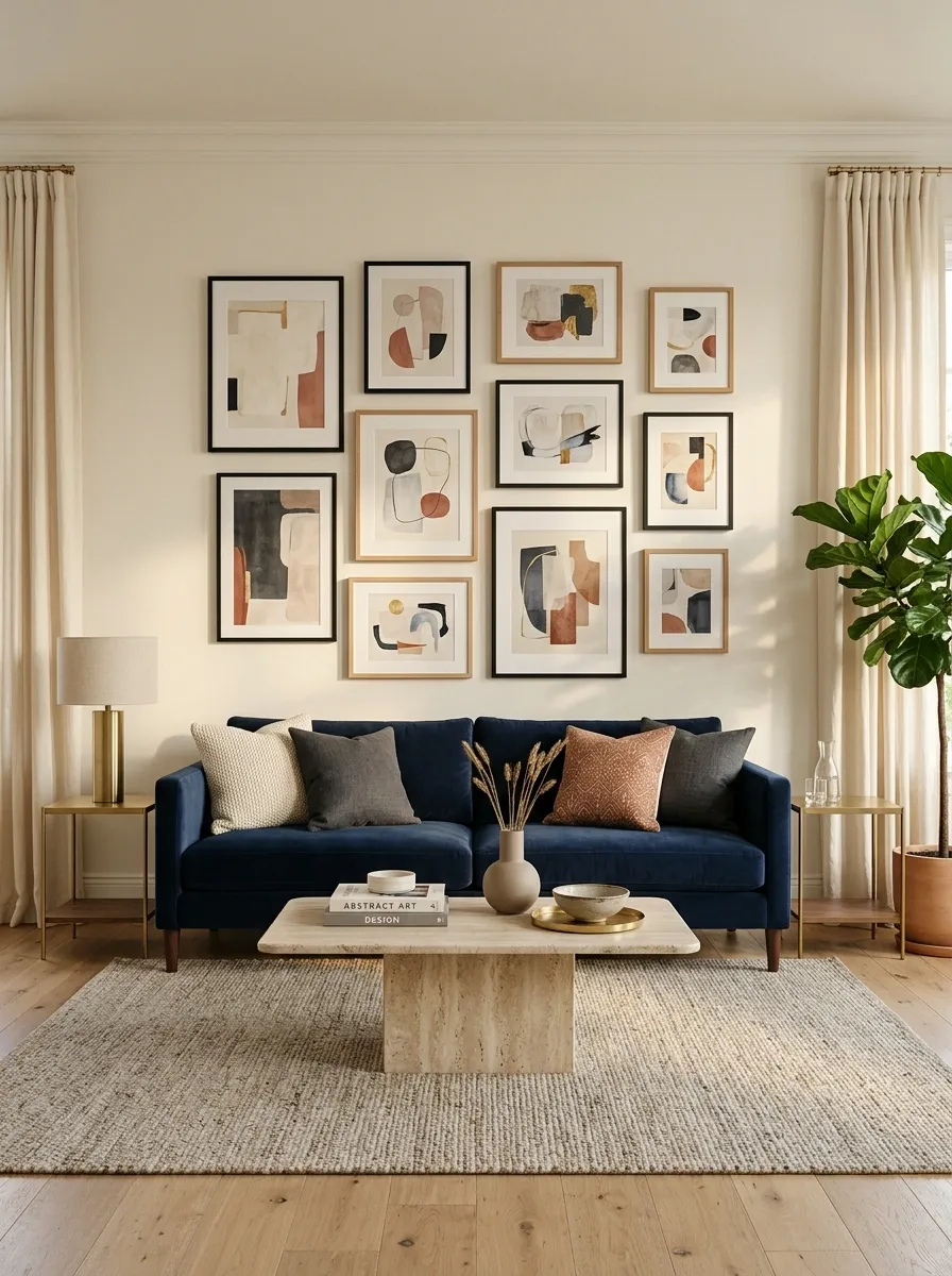 Blue Sofa Under a Gallery Wall of Abstract Art