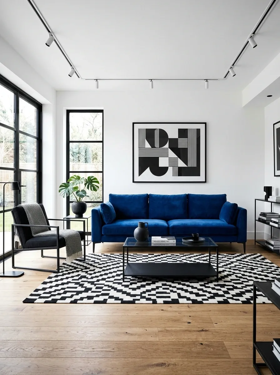 Blue Sofa With a Black-and-White Graphic Palette