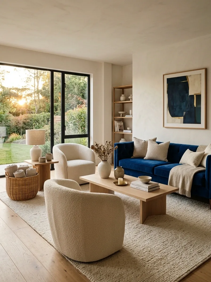 Blue Sofa With Cream Boucle Chairs and Warm Oak