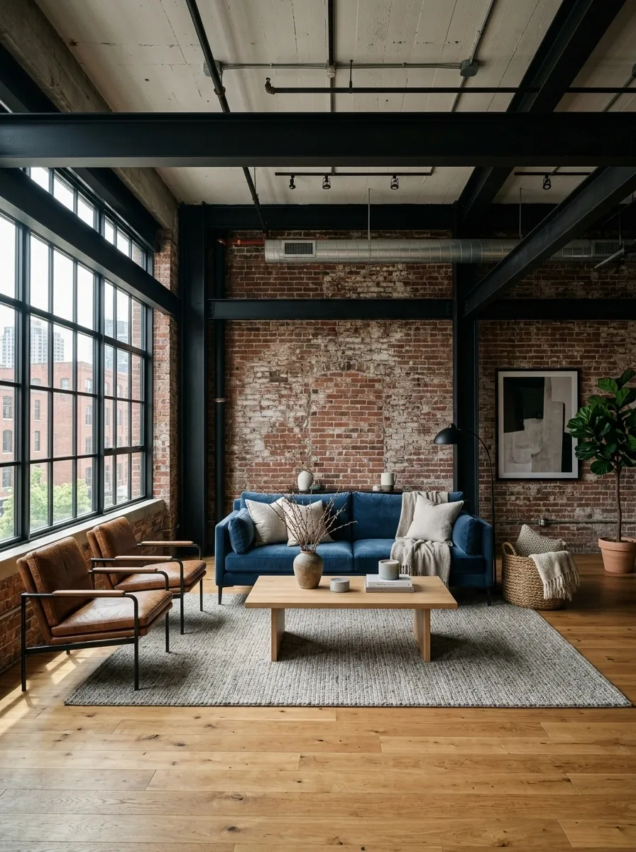 Blue Sofa With Exposed Brick and Black Steel