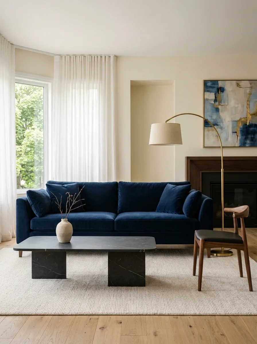 Blue Velvet Sofa With Dramatic Stone and Brass