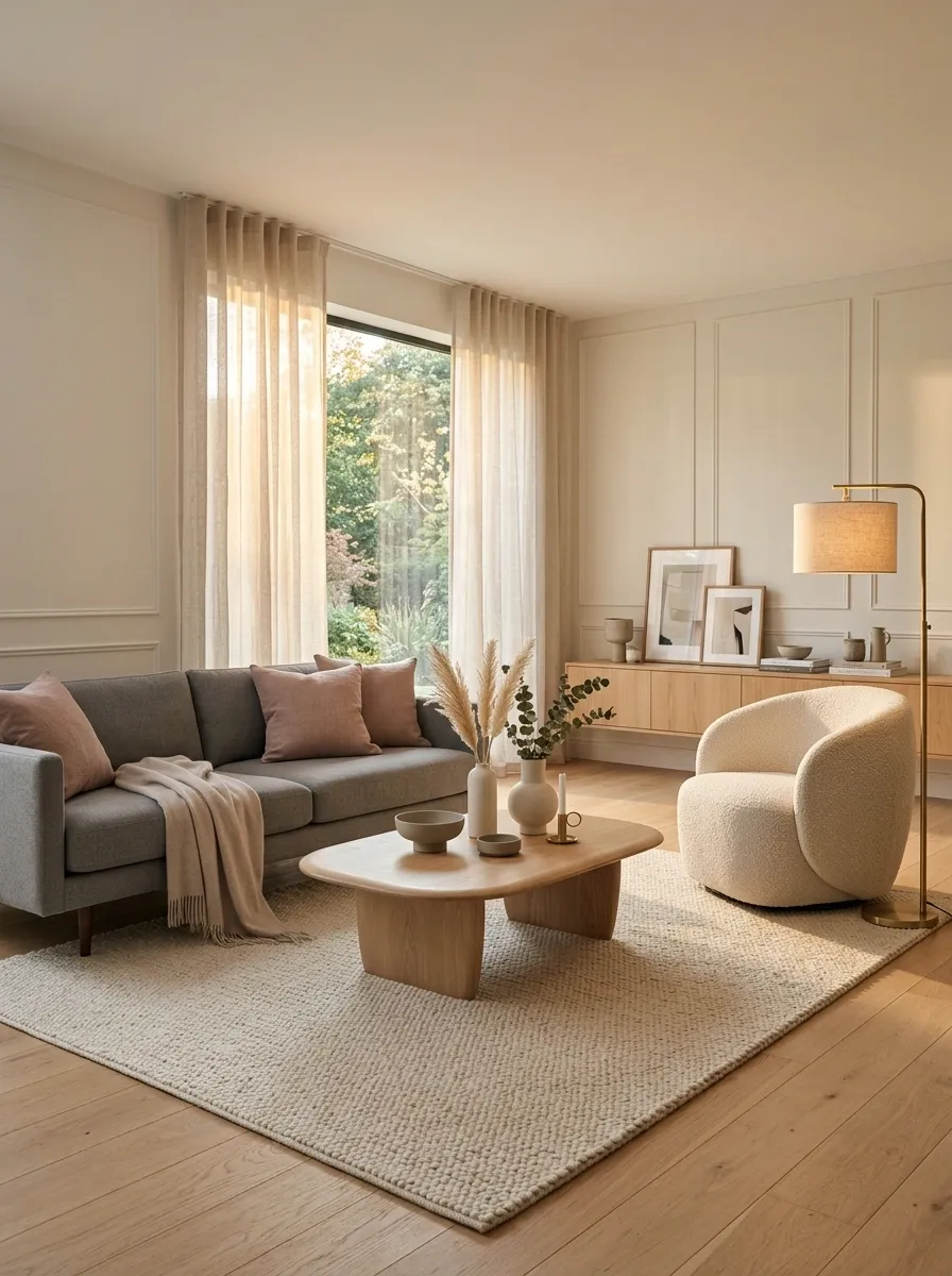 Blush and Grey Living Room With Soft Curved Furniture