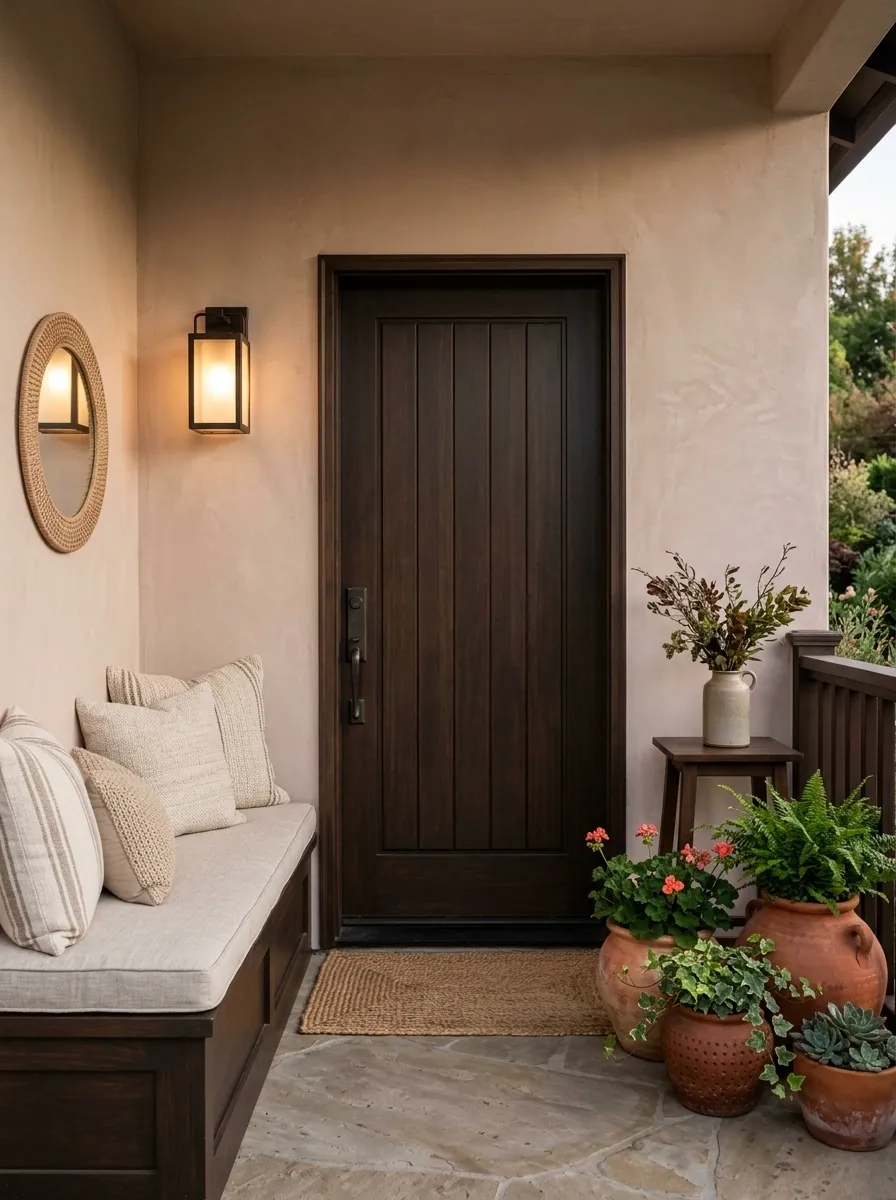 Blush Beige Porch With Dark Wood and Terracotta Pots
