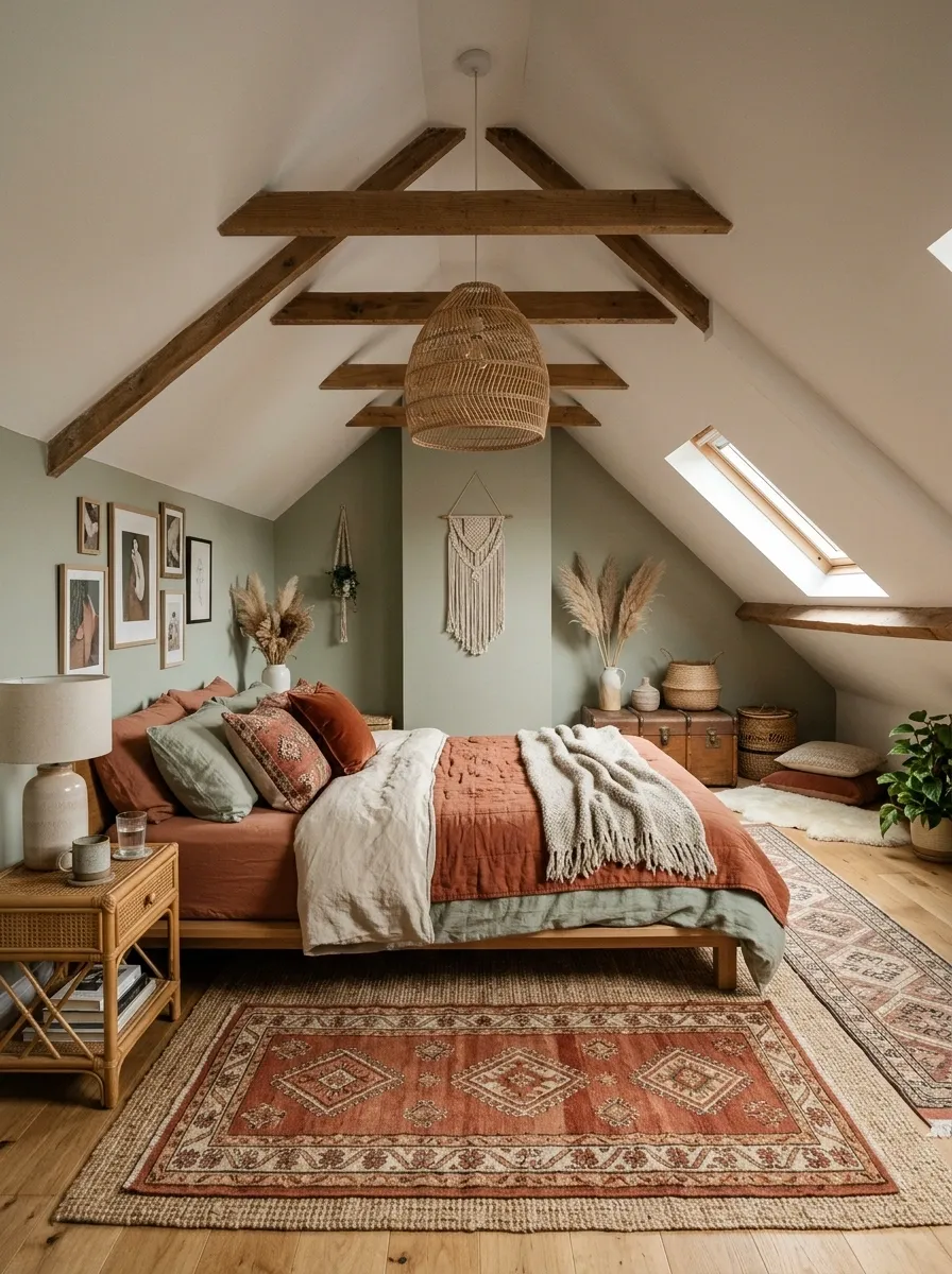Bohemian Attic Bedroom With Layered Rugs and Natural Fibers
