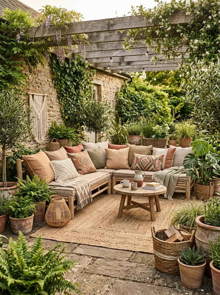 Bohemian Back Patio With Layered Textiles and Low Furniture
