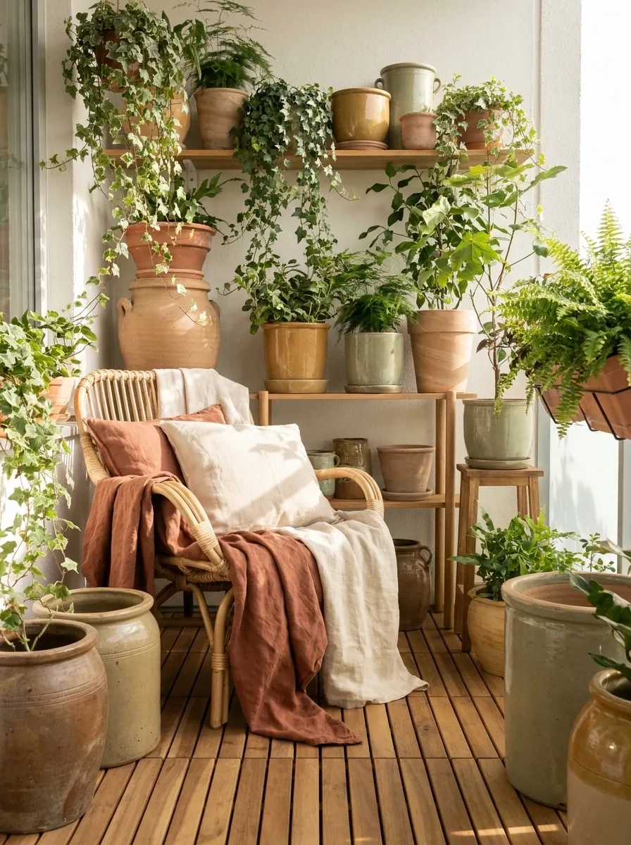 Bohemian Balcony Garden With Mixed Ceramic Containers
