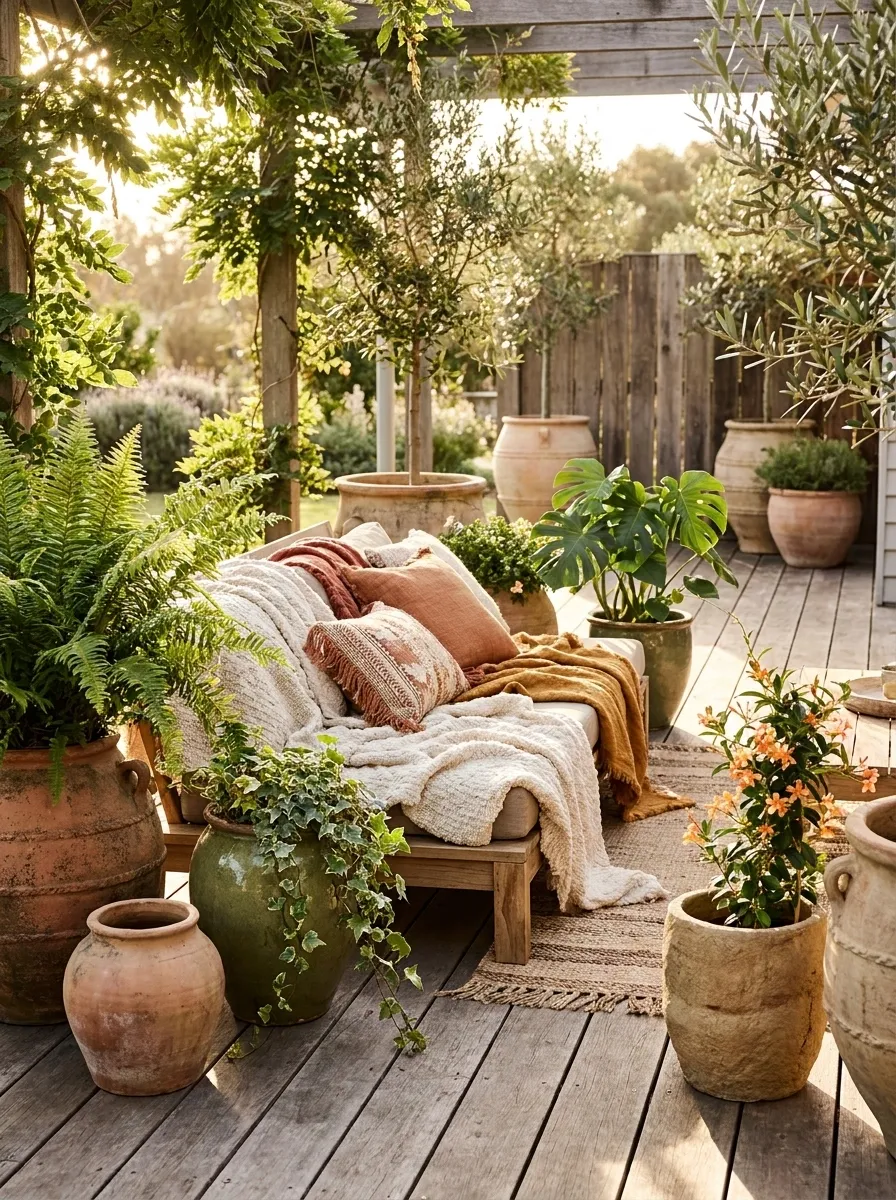 Bohemian Deck With Mismatched Pottery and Layered Container Planting