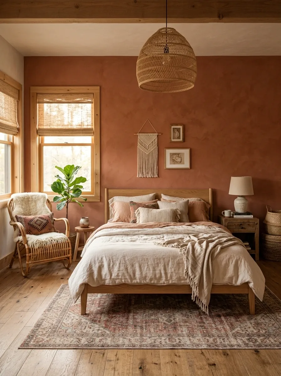 Bohemian Eclectic Bedroom With Terracotta Walls and Woven Textures