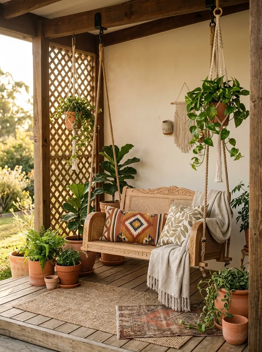 Bohemian Porch Swing With Layered Textiles and Plants