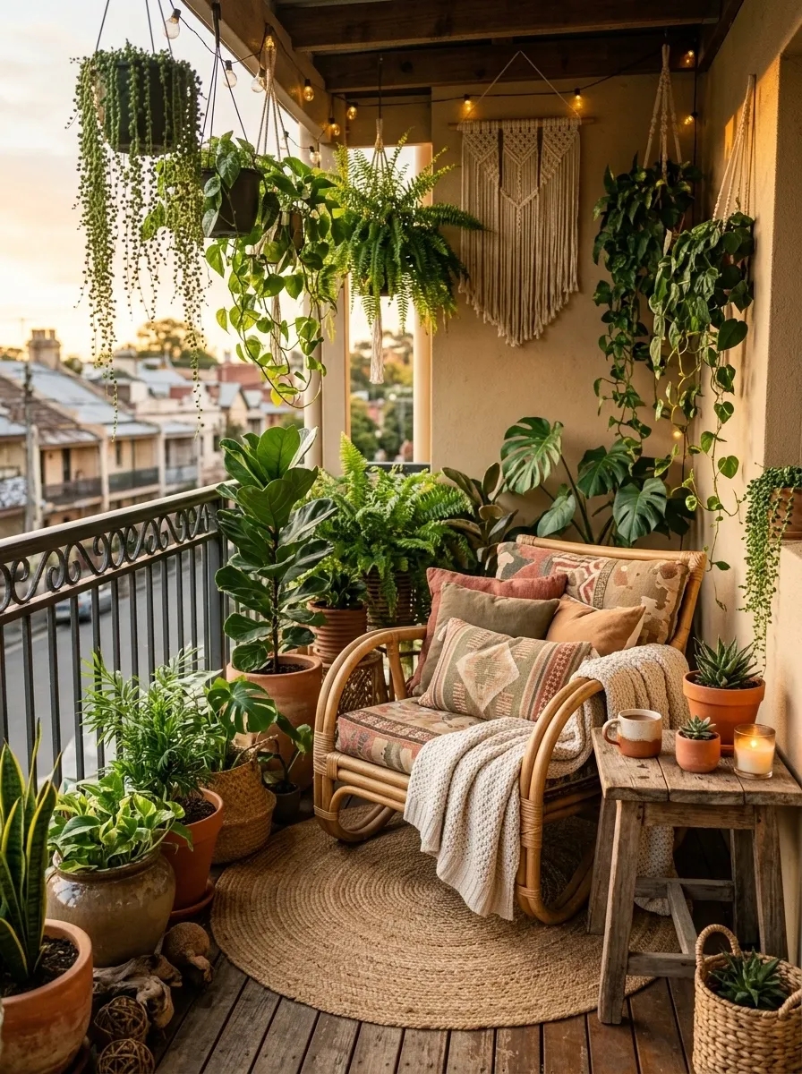 Boho Balcony Garden With Layered Textures and Hanging Plants