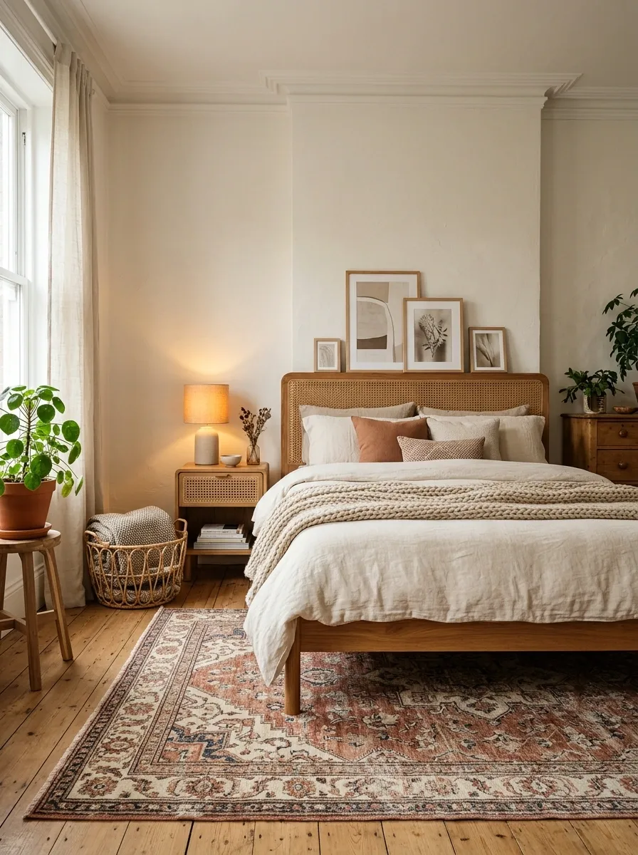 Boho Bedroom With Vintage Rug, Cane Furniture, and Warm Amber Lighting