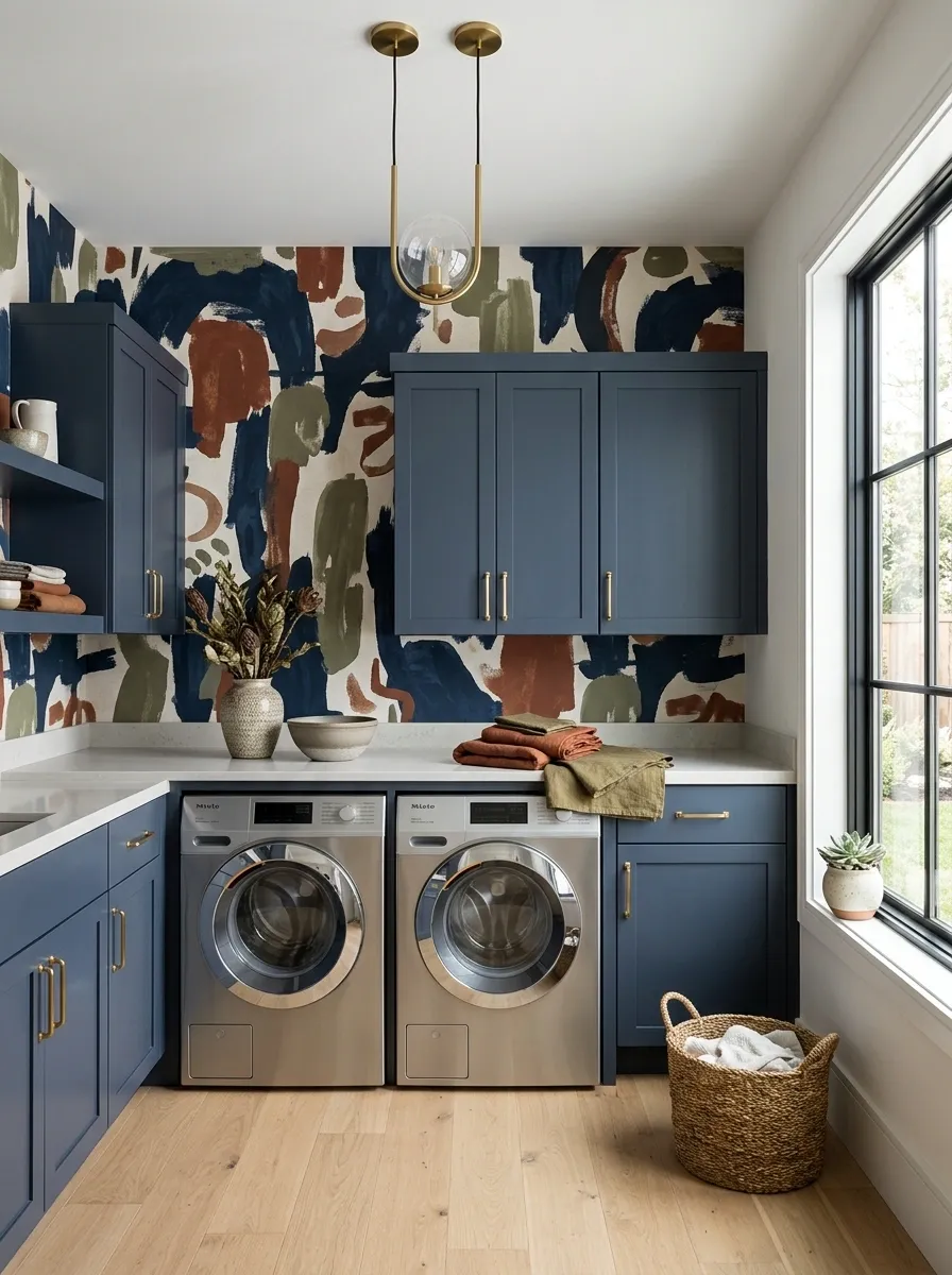 Bold Abstract Wallpaper With Muted Navy Cabinetry