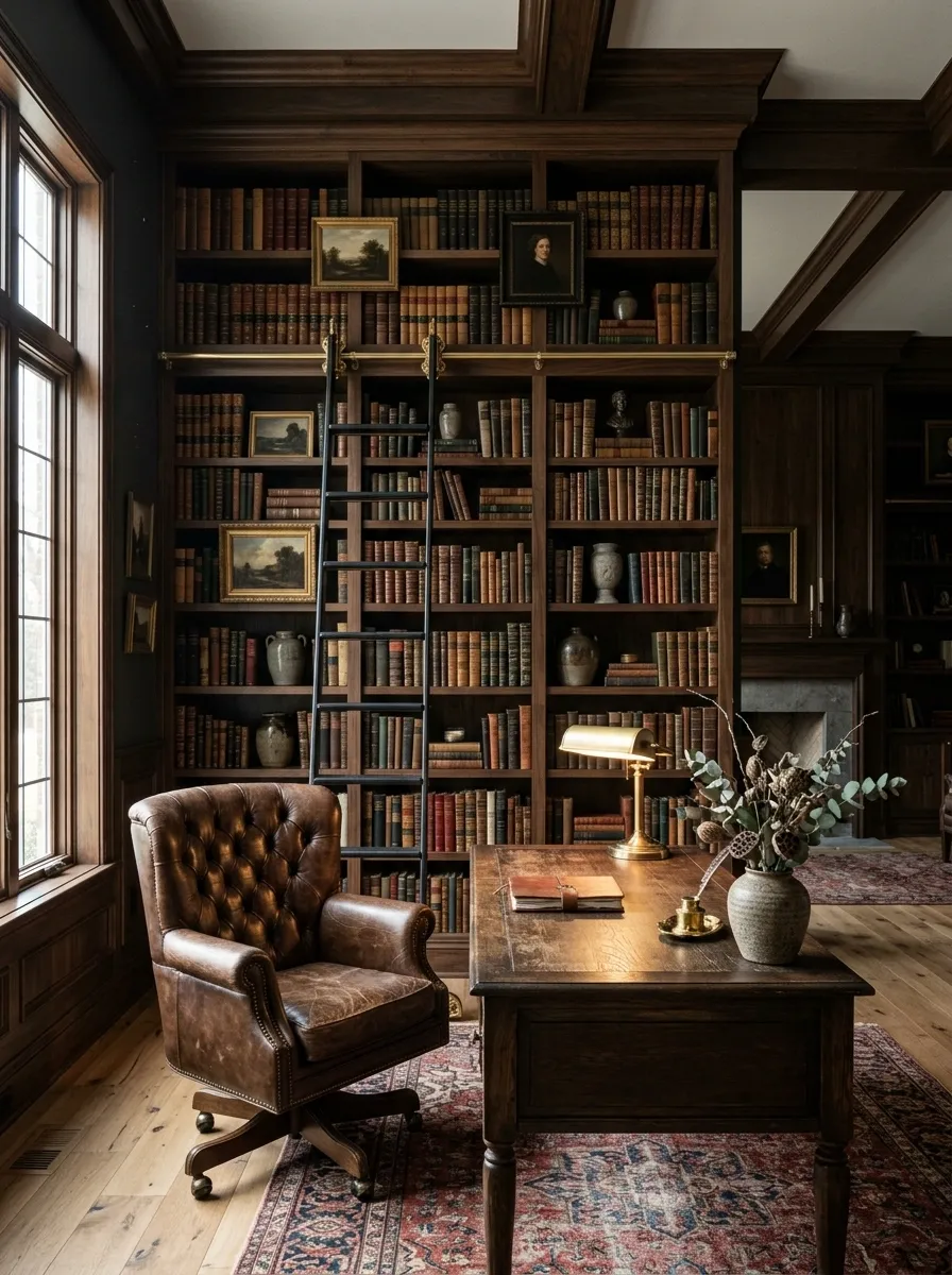 Book-Filled Dark Academia Office With Ladder Shelving