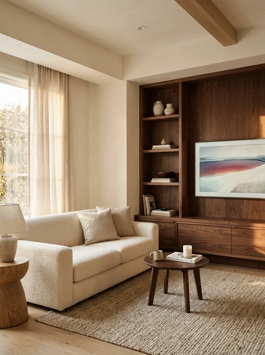 Bouclé Sofa With Deep Walnut TV Wall
