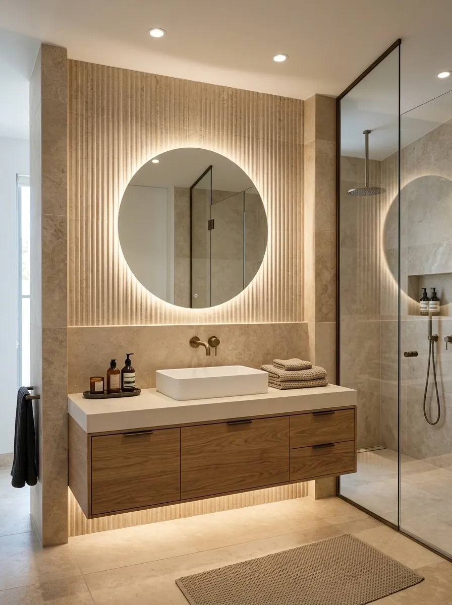 Boutique-Hotel Beige Bathroom With Ribbed Stone and Layered Lighting