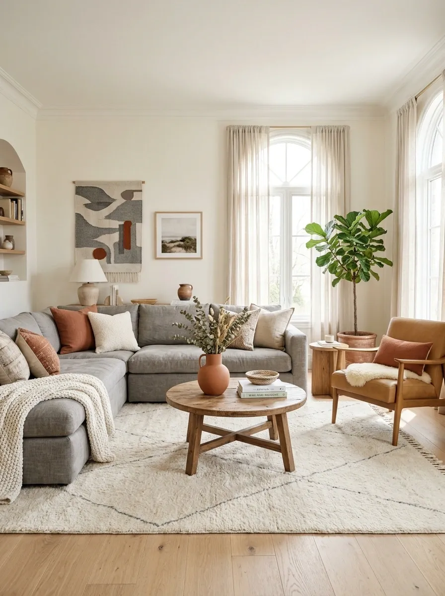 Break Up a Grey Sectional With a Camel Accent Chair