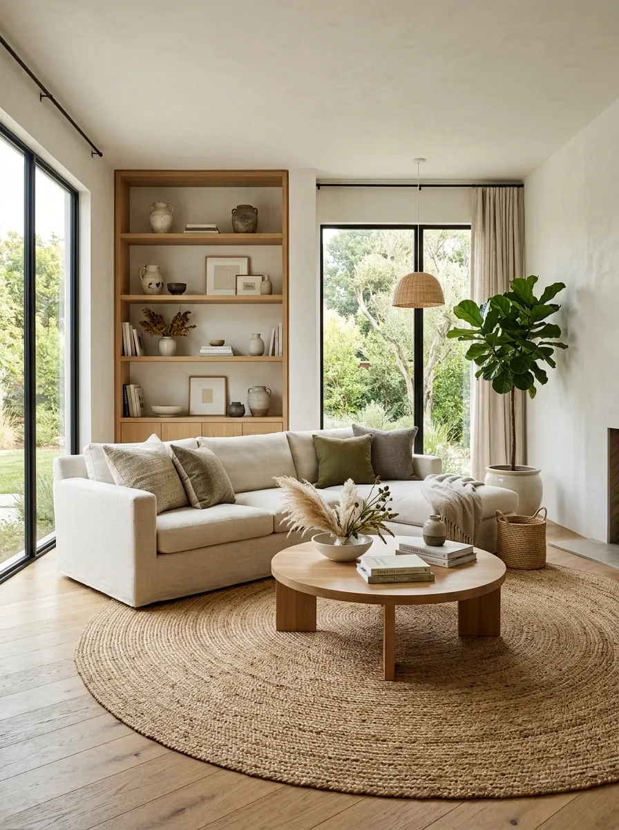 Breezy Corner Sofa Layout With a Large Round Rug and Open Shelving
