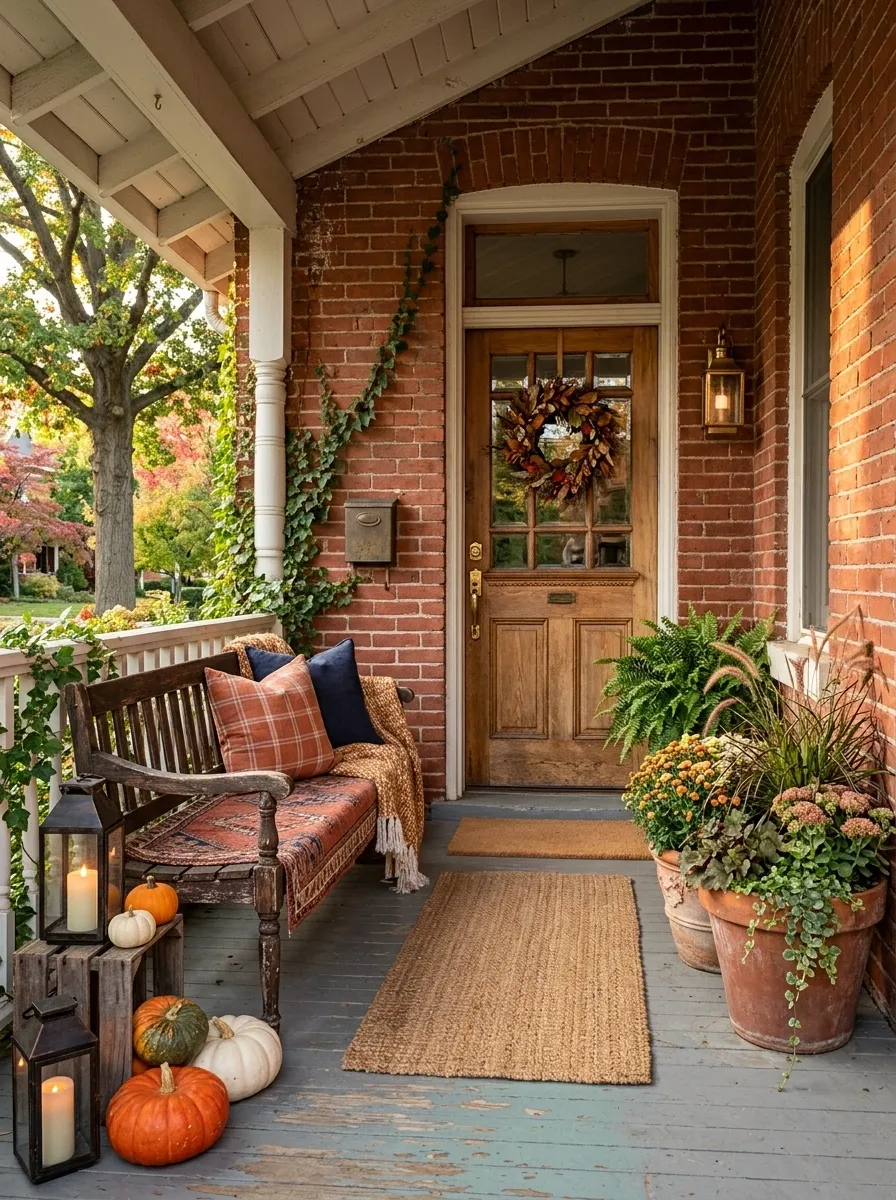 Brick Bungalow Porch With Vintage Wood Furniture
