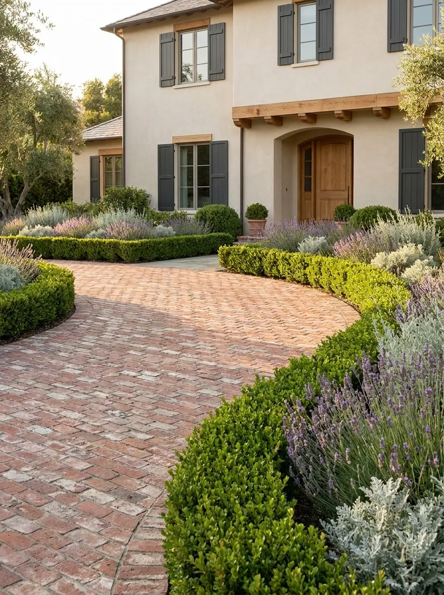 Brick Driveway With Lavender and Silver Foliage
