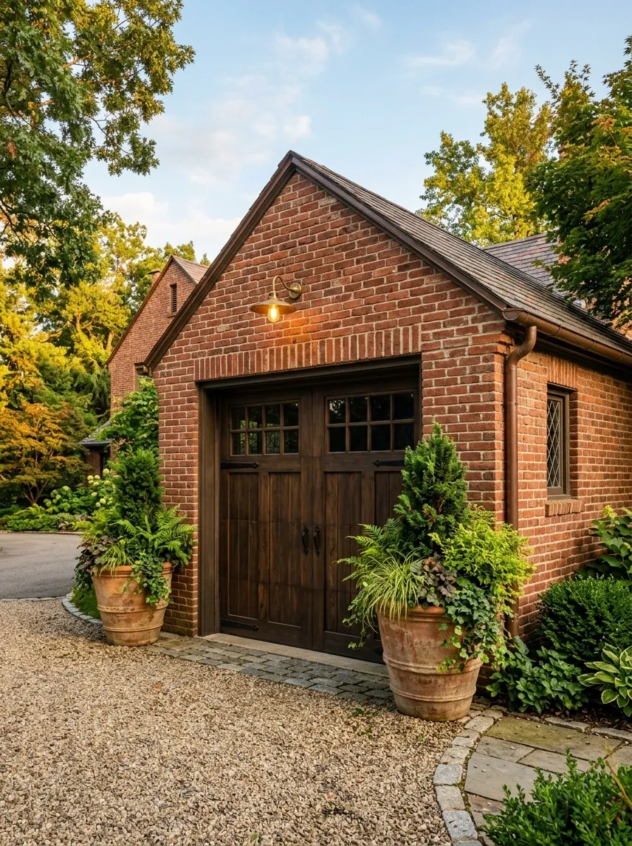 Brick Garage With Oversized Greenery and Natural Clay Pots