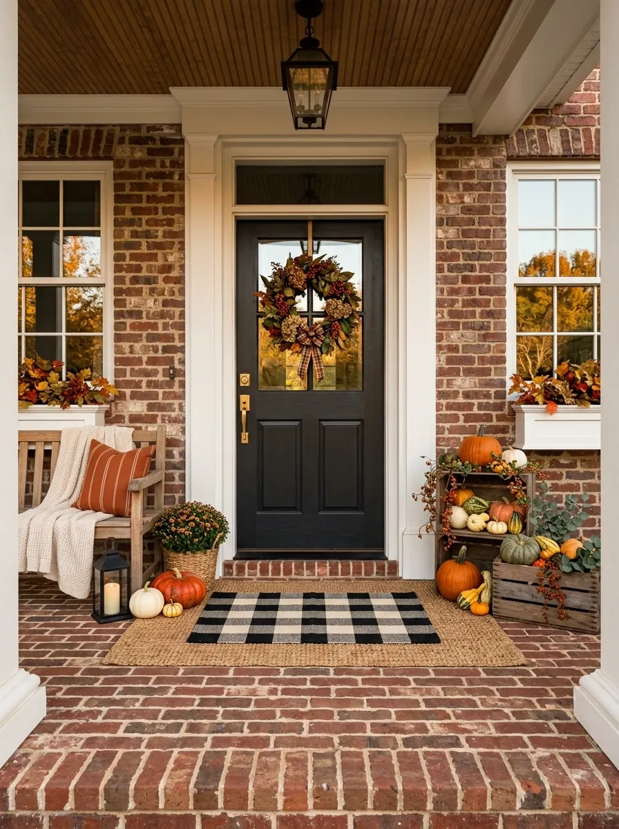 Brick Porch With Buffalo Check Mat and Harvest Crates