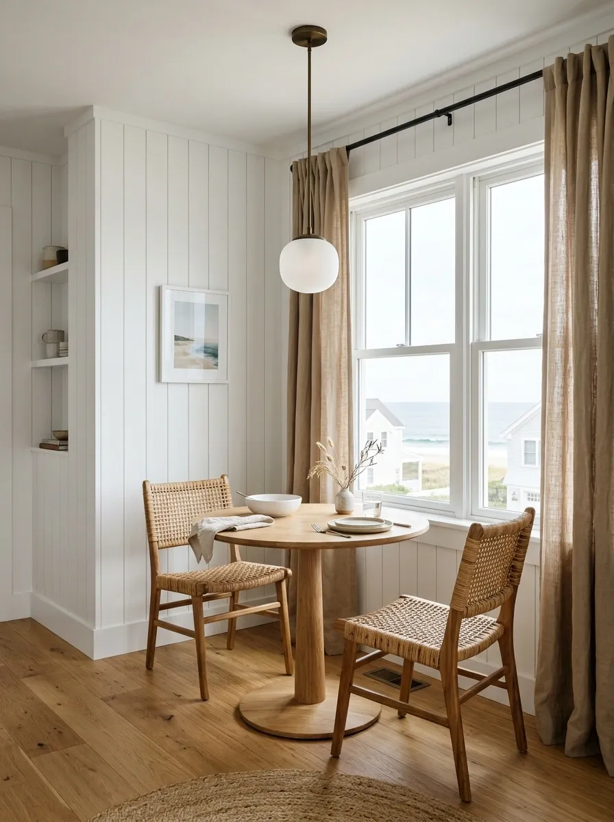 Bright Coastal Dining Nook With White Paneling and Natural Wood