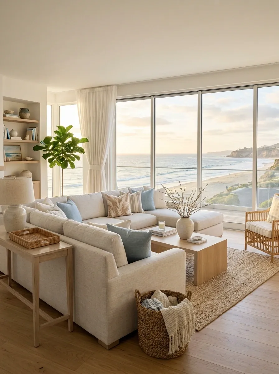 Bright Coastal Layout With Sectional Facing Large Windows