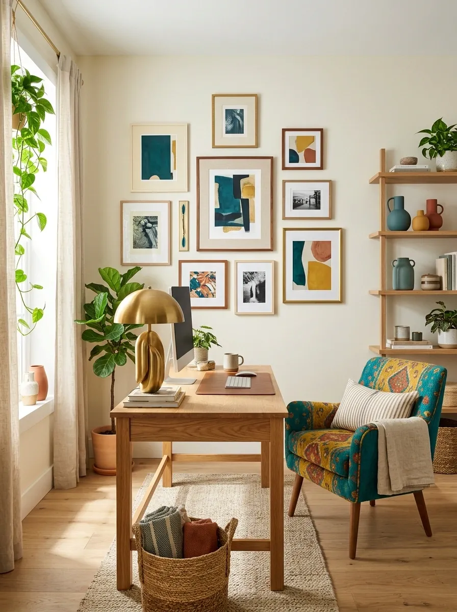 Bright Creative Office With a Gallery Wall and Colorful Furniture