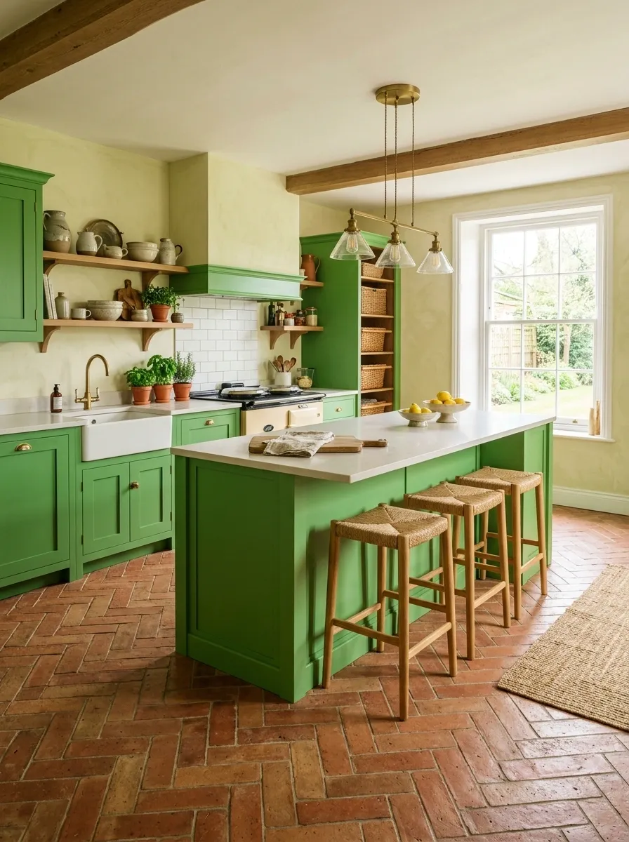 Bright Fern Green Kitchen With Terracotta Flooring